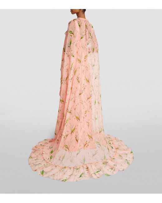 Carolina Herrera Pink Floral V-neck Gown With Detachable Cape