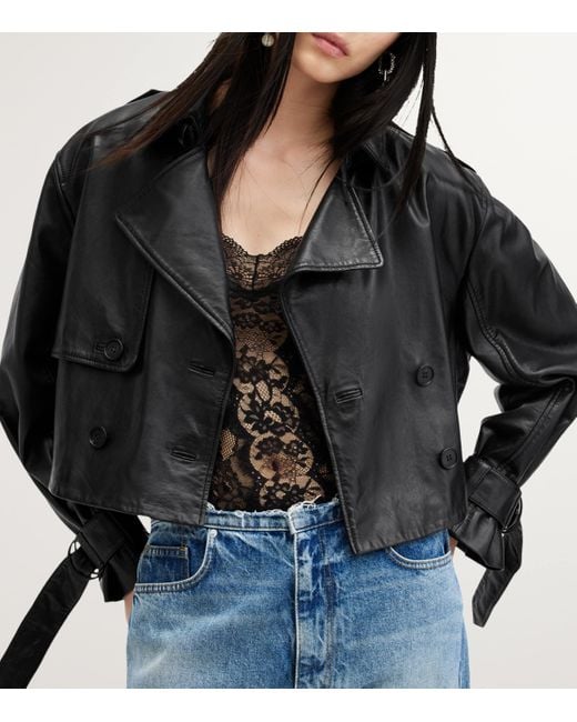 AllSaints Black Leather Cropped Hendry Trench Coat
