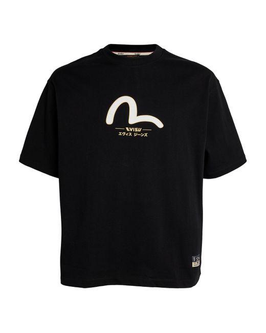Evisu Black Cotton Seagull Print T-Shirt for men