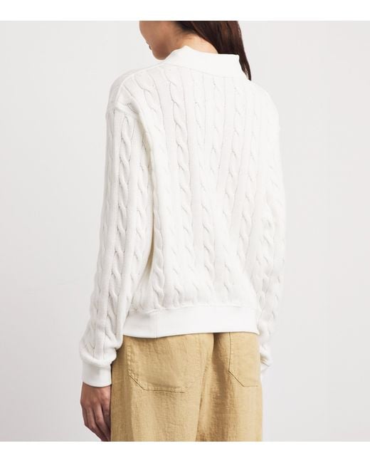 Polo Ralph Lauren White Cotton Cable-Knit Polo Collar Sweater