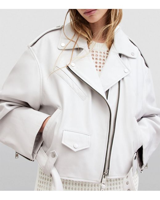 AllSaints White Leather Cropped Dayle Biker Jacket