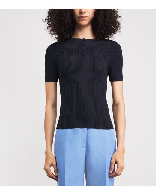 Lafayette 148 New York Blue Rib-Knit Henley Top