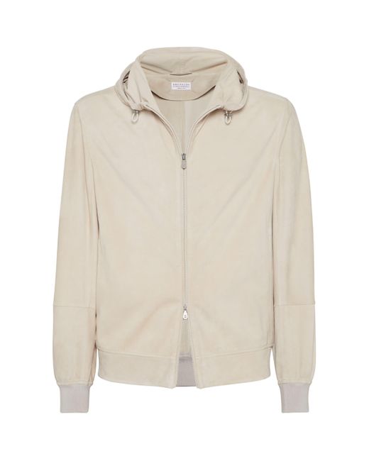 Brunello Cucinelli White Suede Bomber Jacket for men