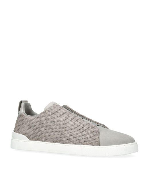 Zegna Gray Leather Triple Stitch Sneakers for men