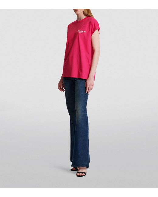 Balmain Pink Flocked Logo T-shirt