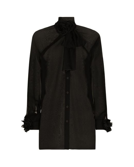 Dolce & Gabbana Black Silk Flower-Detail Blouse