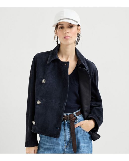 Brunello Cucinelli Blue Suede Double-Breasted Jacket
