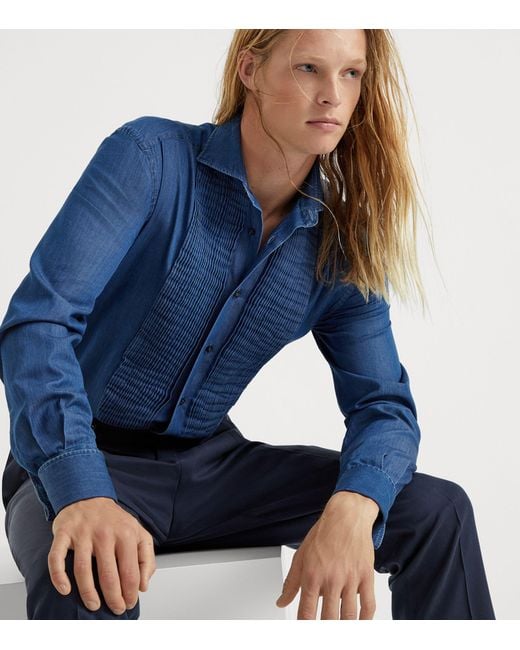 Brunello Cucinelli Blue Denim Slim-fit Tuxedo Shirt for men