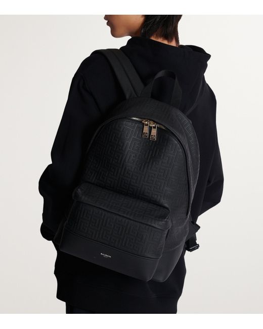 Balmain Black Leather Pb Monogram Backpack for men