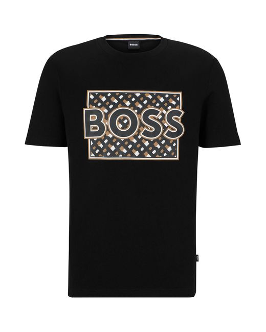 BOSS t-shirt bawełniany kolor czarny wzorzysty