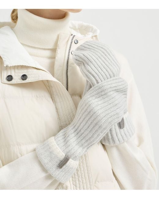 Brunello Cucinelli White Cashmere Monili-Trim Mittens