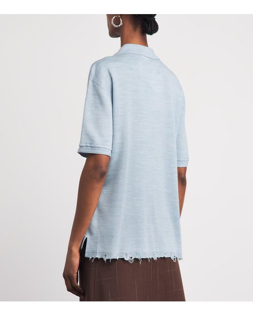 Tory Burch Blue Silk-Blend Distressed Polo Shirt