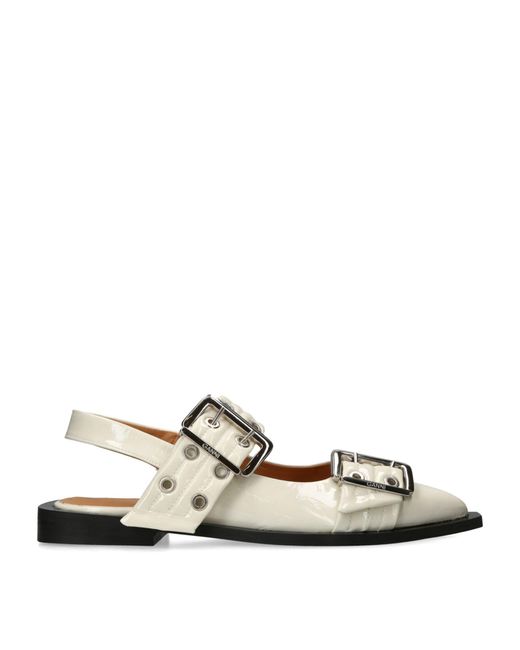 Ganni Leather Buckle Ballerina Flats in White | Lyst UK