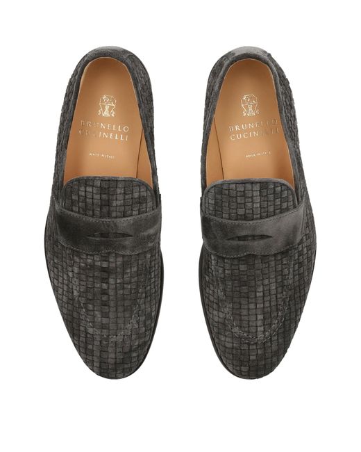 Brunello Cucinelli Gray Suede Woven Loafers for men