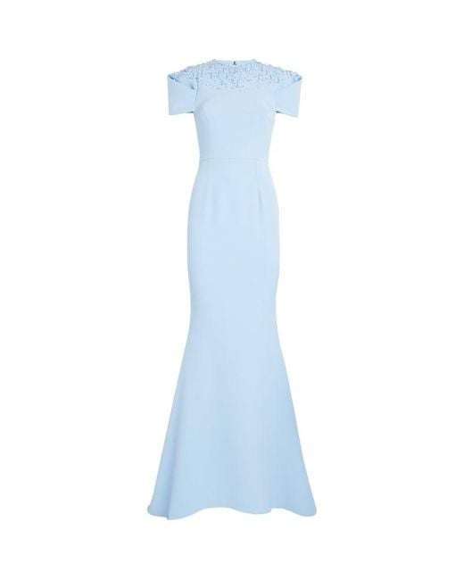 Safiyaa Blue Embellished Square-Shoulder Gown