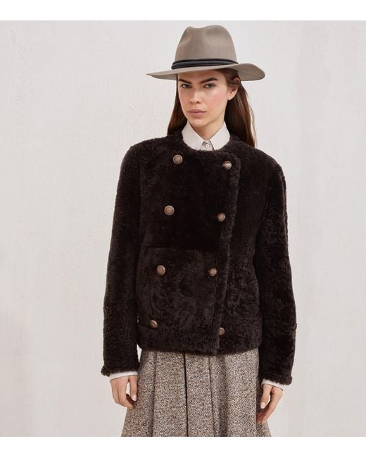 Brunello Cucinelli Black Shearling-Leather Reversible Pea Coat
