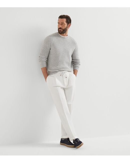 Brunello Cucinelli White Cotton Gabardine Drawstring Trousers for men