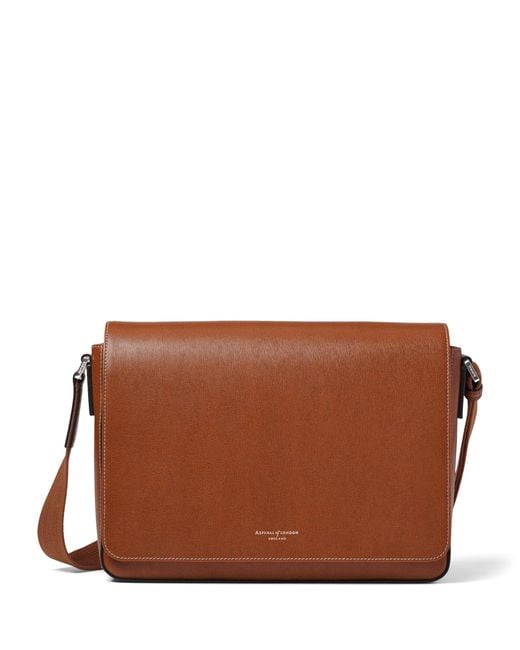 Aspinal Brown Leather Reporter Messenger Bag for men