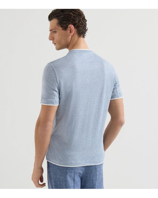 Brunello Cucinelli Blue Linen-Cotton Faux-Layered T-Shirt for men