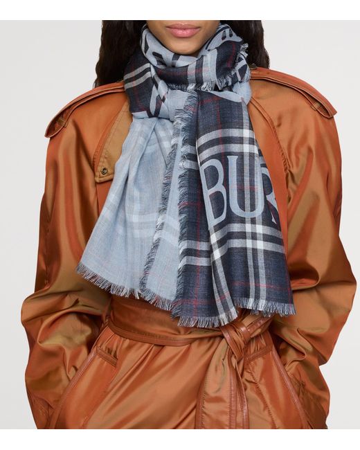 Burberry Blue Wool-Silk Wide Ekd Check Scarf