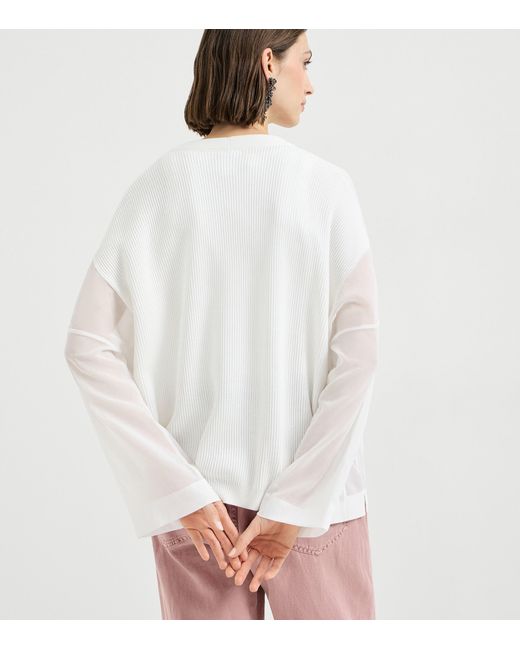 Brunello Cucinelli White Cotton Organza-Sleeve Cardigan