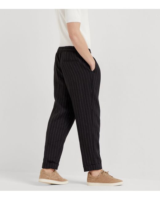 Brunello Cucinelli Black Linen Chalk-stripe Trousers for men