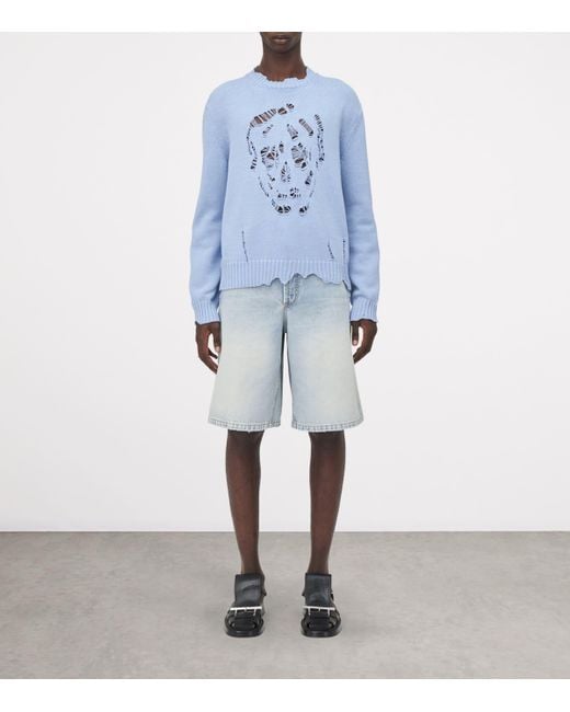 Alexander McQueen Blue Cotton Distressed Skull Sweater for men