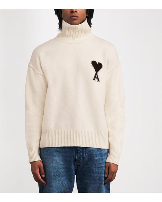 AMI White Virgin Wool Ami De Coeur Funnel-Neck Sweater for men