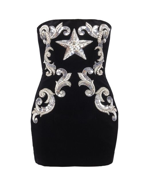 Balmain Black Velvet Embroidered Mini Dress