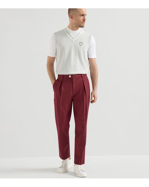 Brunello Cucinelli Red Stretch-Cotton Pleated Trousers for men