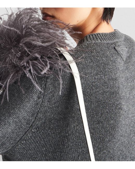 Prada Gray Cashmere Feather-trim Sweater