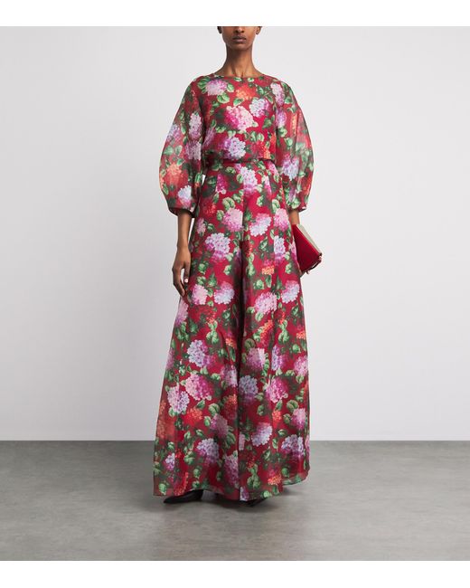 Carolina Herrera Red Silk Floral Puff-Sleeve Blouse