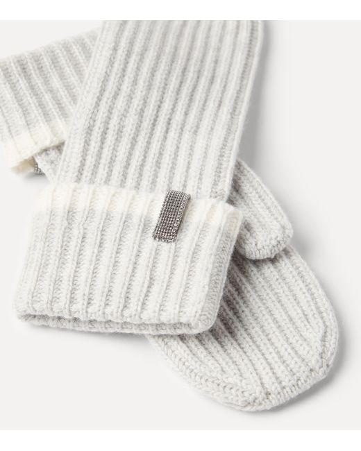 Brunello Cucinelli White Cashmere Monili-Trim Mittens