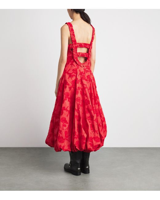Ganni Red Floral Bubble-Hem Midi Dress