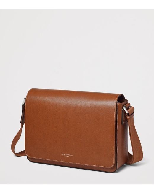 Aspinal Brown Leather Reporter Messenger Bag for men