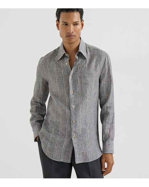 Brunello Cucinelli Gray Linen Stripe Shirt for men