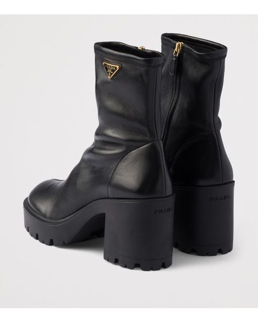 Prada Black Nappa Leather Logo Stretch Booties Ankle Boots 85