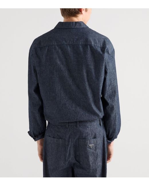 Prada Blue Cotton Chambray Zipped Shirt for men