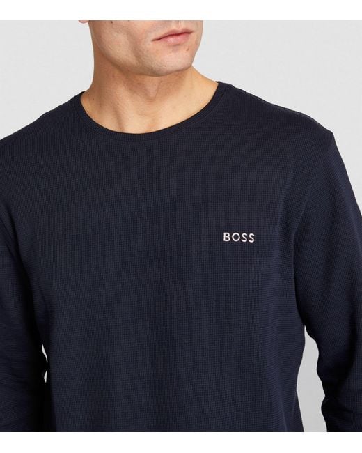 Boss Blue Long-sleeve Waffle T-shirt for men