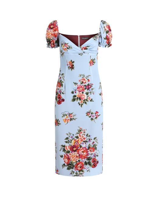Dolce & Gabbana Blue Silk-Blend Bouquet Print Midi Dress