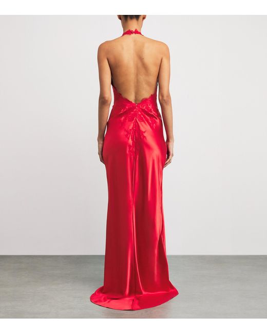 Torlowei Red Silk Lace-Detail Slip Maxi Dress
