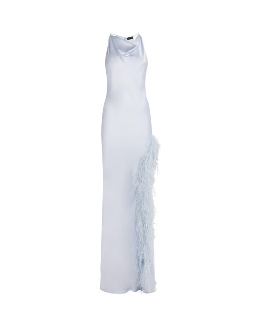 LAPOINTE White Satin Feather-Trim Halterneck Gown