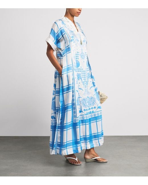 VERANDAH Blue Printed Gingham Kaftan Maxi Dress