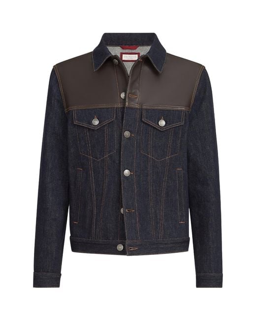 Brunello Cucinelli Black Leather-Trim Denim Jacket for men