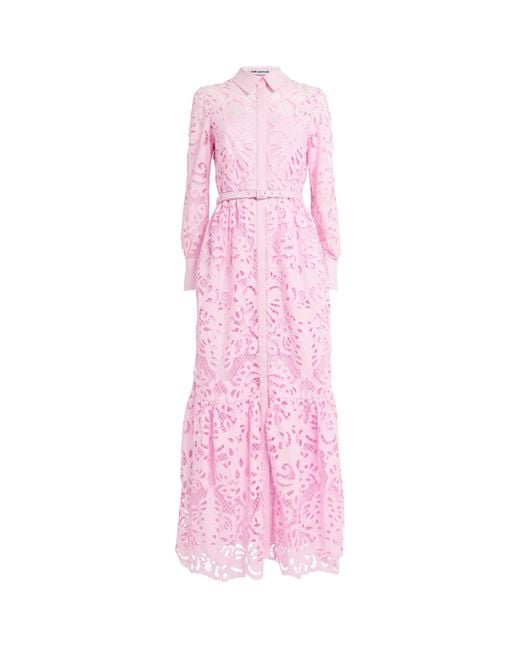Self-Portrait Lace Belted Maxi Shirt Dress in Pink | Lyst