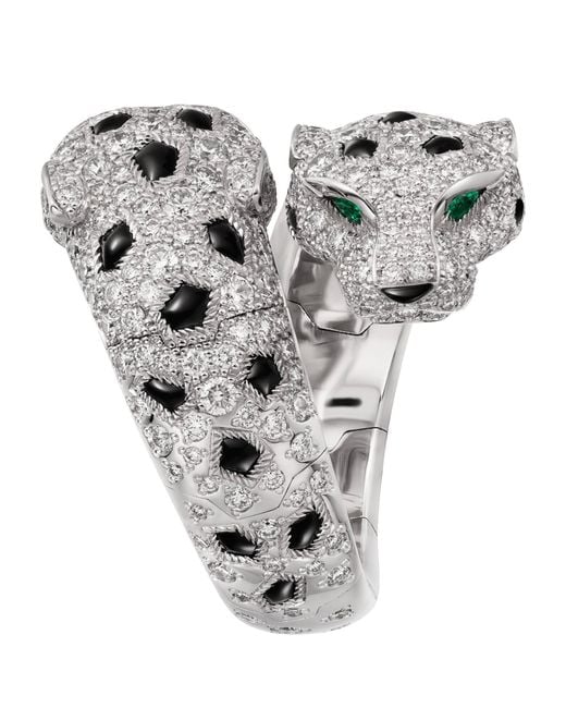 Cartier Metallic White Gold, Diamond, Emerald And Onyx Panthère De Ring