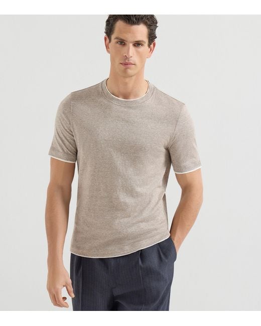 Brunello Cucinelli White Linen-Cotton Jersey Faux-Layered T-Shirt for men