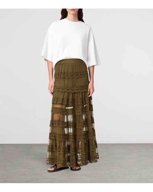 AllSaints Green Lace Tiered Maggie Maxi Skirt