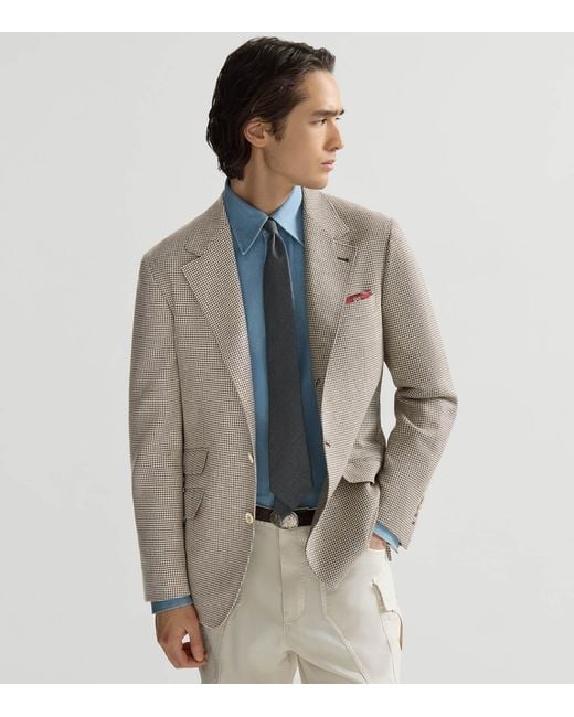 Brunello Cucinelli Brown Wool-Silk Houndstooth Deconstructed Cavallo Blazer for men