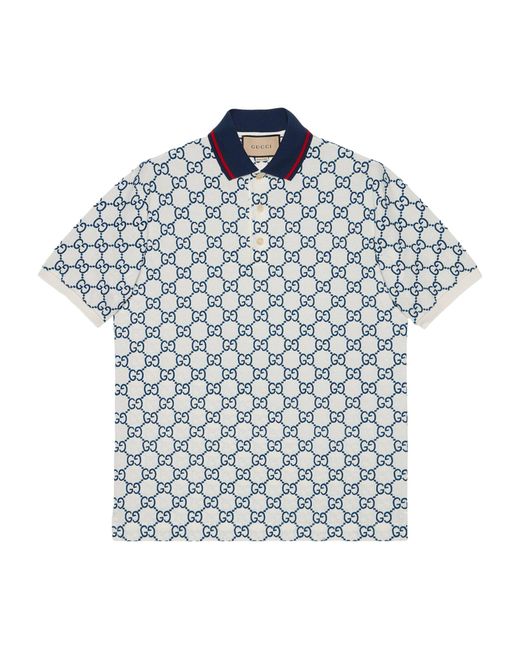 Gucci Blue Monogram Contrast-collar Stretch-cotton Piqué Polo Shirt for men